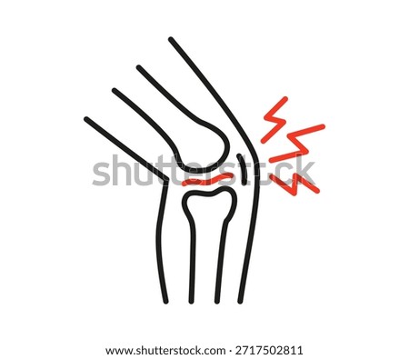 Knee joint pain with red lightning indicating discomfort line icon. Medical diagram for health issues, orthopedics, or physical therapy. Vector illustration