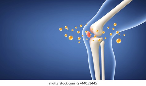 Knee joint pain relief with active nutrient. Inflammation and joint support concept. Realistic medical vector illustration