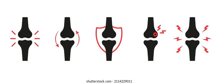 Knee Joint Pain Silhouette Icon Set. Ache of Knee, Hand, Leg Skeleton. Bones Pain, Injury and Inflammation. Arthritis, Osteoporosis and Bones Joint Illness Icon. Isolated Vector Illustration.