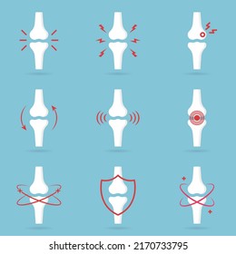 Knee Joint Pain Silhouette Icon Set. Ache of Knee, Hand, Leg Skeleton. Bones Pain, Injury and Inflammation. Arthritis, Osteoporosis and Bones Joint Illness Icon. Isolated Vector Illustration.