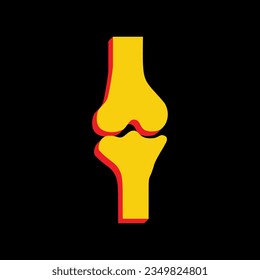 Kniegelenk-Schild. 3D-extrudiertes gelbes Symbol mit roten Seiten auf schwarzem Hintergrund. Illustration.
