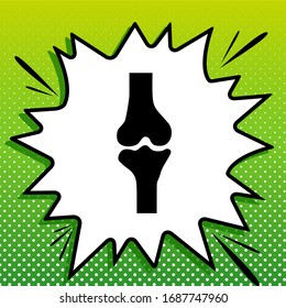 Knee joint sign. Black Icon on white popart Splash at green background with white spots. Illustration.