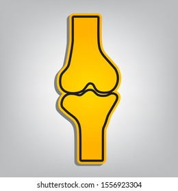 Knee joint sign. Flat orange icon with overlapping linear black icon with gray shadow at whitish background. Illustration.