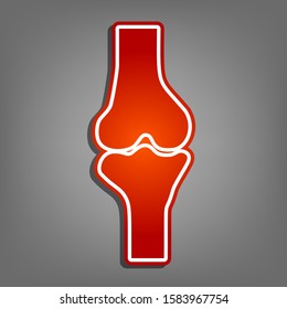 Knee joint sign. Flat red icon with linear white icon with gray shadow at grayish background. Illustration.