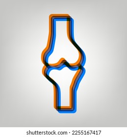 Señal de articulación de rodilla. Icono marcado en colores naranja, azul y lavanda antigua en fondo gris. Ilustración.