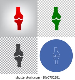 Knee joint sign. Vector. 4 styles. Red gradient in radial lighted background, green flat and gray scribble icons on transparent and linear one in blue circle.