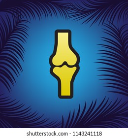 Knee joint sign. Vector. Golden icon with black contour at blue background with branches of palm trees.