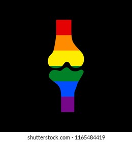 Knee joint sign. Vector. Icon with colors of LGBT flag at black background.