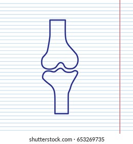 Knee joint sign. Vector. Navy line icon on notebook paper as background with red line for field.
