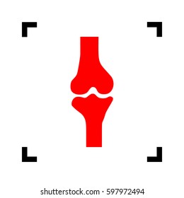 Knee joint sign. Vector. Red icon inside black focus corners on white background. Isolated.