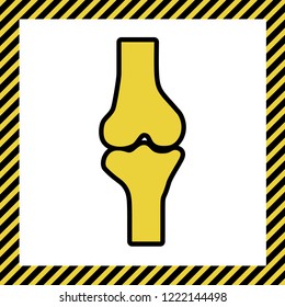 Knee joint sign. Vector. Warm yellow icon with black contour in frame named as under construction at white background. Isolated.