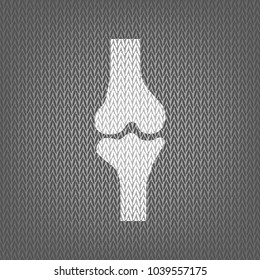 Knee joint sign. Vector. White knitted icon on gray knitted background. Isolated.