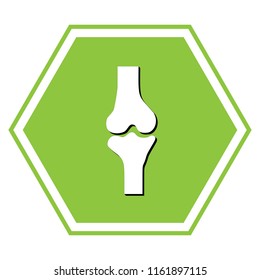 Knee joint sign. Vector. White icon with black shadow at yellow green honeycomb on white background.