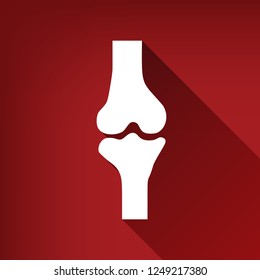 Knee joint sign. Vector. White icon with limitless shadow at ruby red background.