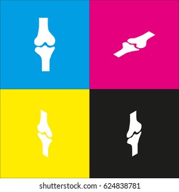Knee joint sign. Vector. White icon with isometric projections on cyan, magenta, yellow and black backgrounds.