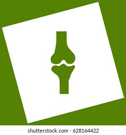 Knee joint sign. Vector. White icon obtained as a result of subtraction rotated square and path. Avocado background.