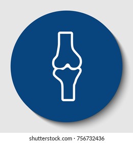 Knee joint sign. Vector. White contour icon in dark cerulean circle at white background. Isolated.