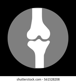 Knee joint sign. White icon in gray circle at black background. Circumscribed circle. Circumcircle.