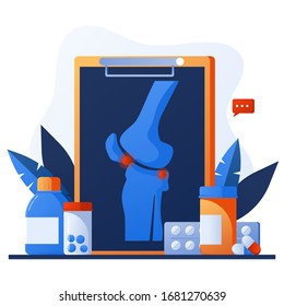 Knee or leg X-ray screen. Bone pain. Human anatomy healthcare medical concept. World arthritis day. Osteoporosis for landing page, banner. Doctor research human joints. Traumatology and orthopedic