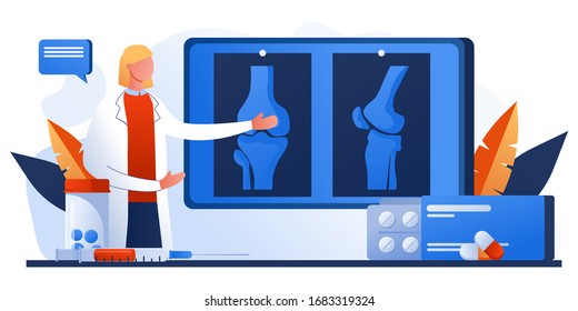 Knee or leg X-ray screen. Bone pain. Human anatomy healthcare medical concept. World arthritis day. Osteoporosis for landing page, banner. Doctor research human joints. Traumatology and orthopedic