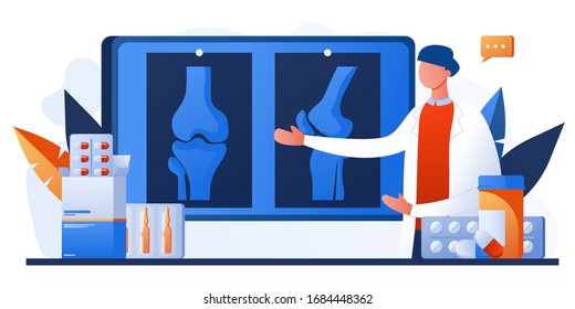 Knee or leg X-ray screen. Bone pain. Human anatomy healthcare medical concept. World arthritis day. Osteoporosis for landing page, banner. Doctor research human joints. Traumatology and orthopedic