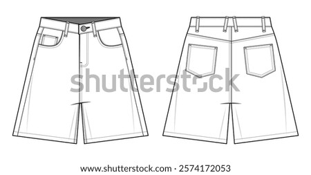 Knee length denim shorts technical fashion illustration. Retro Jorts fashion vector template. Front and back view. Casual Streetwear.  Baggy loose fit. Women’s wear. CAD mockup set.