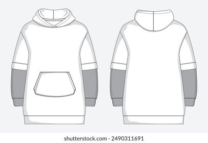 Knee length hoodie technical drawing fashion flat sketch vector illustration template for women's