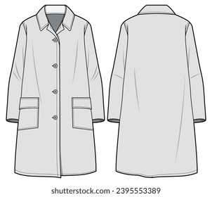 Knee Length Jacket Over Coat  Front and Back View. Fashion Flat Sketch Vector Illustration, CAD, Technical Drawing, Flat Drawing, Template, Mockup.