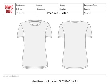Camiseta de longitud de rodilla Plantilla de Ilustración vectorial de boceto plano de moda de dibujo técnico para damas