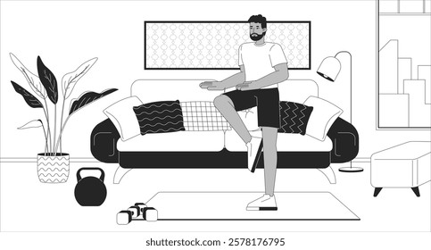 Knee lift exercise in living room black and white line illustration. Cozy home workout. Black man balance training 2D character monochrome background. Fitness corner livingroom outline vector image