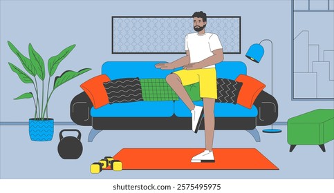 Knee lift exercise in modern living room flat illustration. Cozy home workout. Black man balance training 2D character cartoon background. Fitness corner livingroom scene vector storytelling image