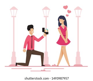 Knee Man Gives Sweetheart Woman Flat Wedding Ring at Romantic Dating on Street. Marriage Proposal, Engagement Cartoon. Vector Romantic Dating Outdoor. Creation Strong Relationship Illustration