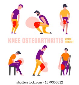 Knee osteoarthritis icons in modern vanguard simplistic style. Knee bones injury. Broken bone sign. Editable vector illustration in bright orange and violet colors. Medical, healthcare concept