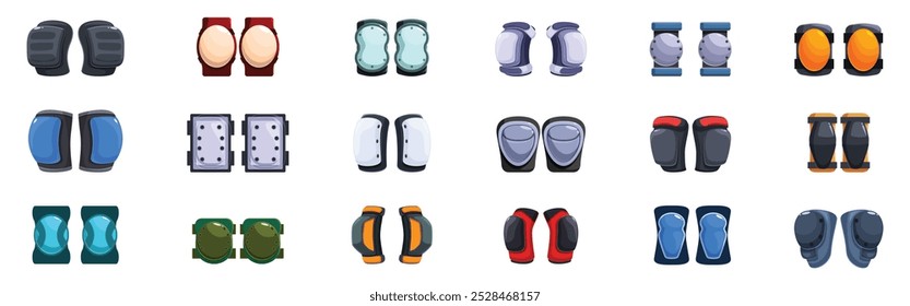 Conjunto de iconos de rodilleras. Conjunto de rodilleras para deportes extremos y seguridad laboral en diferentes diseños proporcionando protección de rodilla durante caídas y accidentes