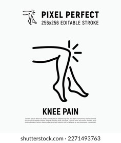 Schmerzen im Knie, Symptome der Arthritis in der dünnen Linie Symbol. Gelenkentzündung. Pixel perfekt, bearbeitbarer Strich. Vektorgrafik.