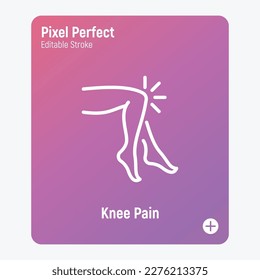 Knee pain, arthritis symptom thin line icon. Joint inflammation. Pixel perfect, editable stroke. Vector illustration.