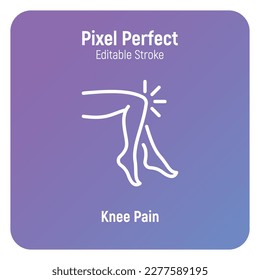 Knee pain, arthritis symptom thin line icon. Joint inflammation. Pixel perfect, editable stroke. Vector illustration.