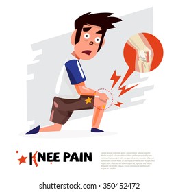 Knee Pain. Character Design With Icon. - Vector Illustration