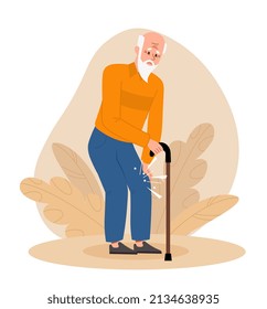 Knee pain concept. Grandfather with stick walks and limps, problems with joints and ligaments, old age and dysfunction of motor motor apparatus. Pain and suffering. Cartoon flat vector illustration