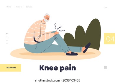 Knee pain concept of landing page with senior man suffer from ache in leg. Old male cartoon character fall down got injured with broken leg. Injury risk for aged people. Flat vector illustration