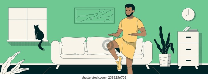 Knee pain exercises. A man doing a home workout for joint pain. Charging at home. How to get rid of knee pain. Vector illustration. Horizontal banner.