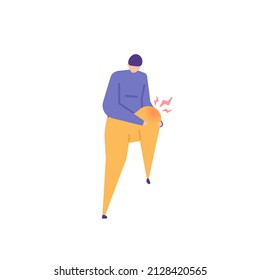 knee pain, joint pain, calcification of the joints, arthritis. a man suffers from pain in the knee. injured in a fall. health problems. flat cartoon illustration. concept design. element