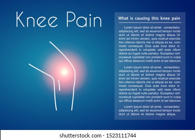 Knee pain linear icon on blue background. Vector abstract minimal illustration of a leg with red spot on the knee suffers from knee pain. Design template for medicine or therapy for knee pain