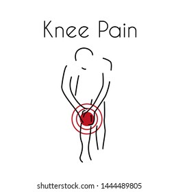 Knee pain linear icon. Vector abstract minimal illustration of a man with red spot on his knee suffers from knee pain. Design template for medicine or therapy for knee pain
