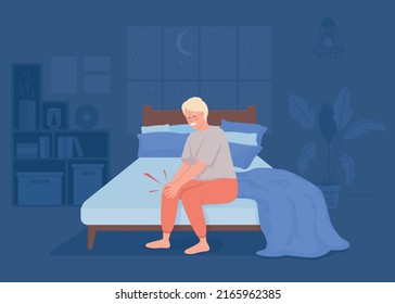 Knee pain at night flat color vector illustration. Sleep deprivation. Painful inflammation in leg. Kneecap ache. Fully editable 2D simple cartoon character with cozy bedroom interior on background