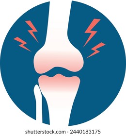 Icono redondo de dolor de rodilla. Lesión traumática de articulación ósea