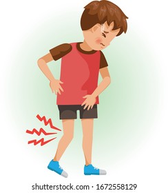 Knee pain or sore. The boy is sick, Sick person and feeling bad. Cartoons showing negative gestures and feelings. The child is a patient. Cartoon vector illustration.