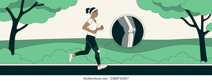 Dolor de rodilla cuando corre y camina. Una mujer corriendo en el parque con dolor en la taza de rodilla. Ilustración vectorial. Banner horizontal para tu sitio web. Ejercicios para el dolor de piernas. Rayo X de la rodilla. 