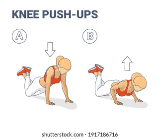 Knee Push-Ups Female Home Workout Exercise Guidance Illustration. Girl Working at Home on Her Triceps, a Young Woman in Sportswear Top, Sneakers, and Leggings Doing Push-up Standing on Knees.