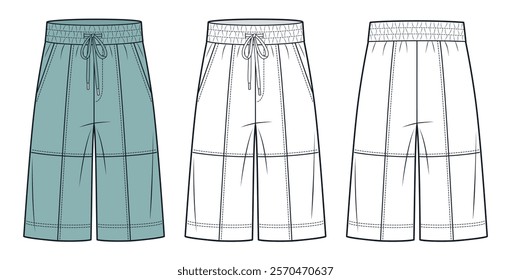 Knee Short Pants fashion flat technical drawing template. Jogger Shorts technical fashion illustration, pockets, elastic waistband, front and back view, white, green, women, men, unisex CAD mockup set